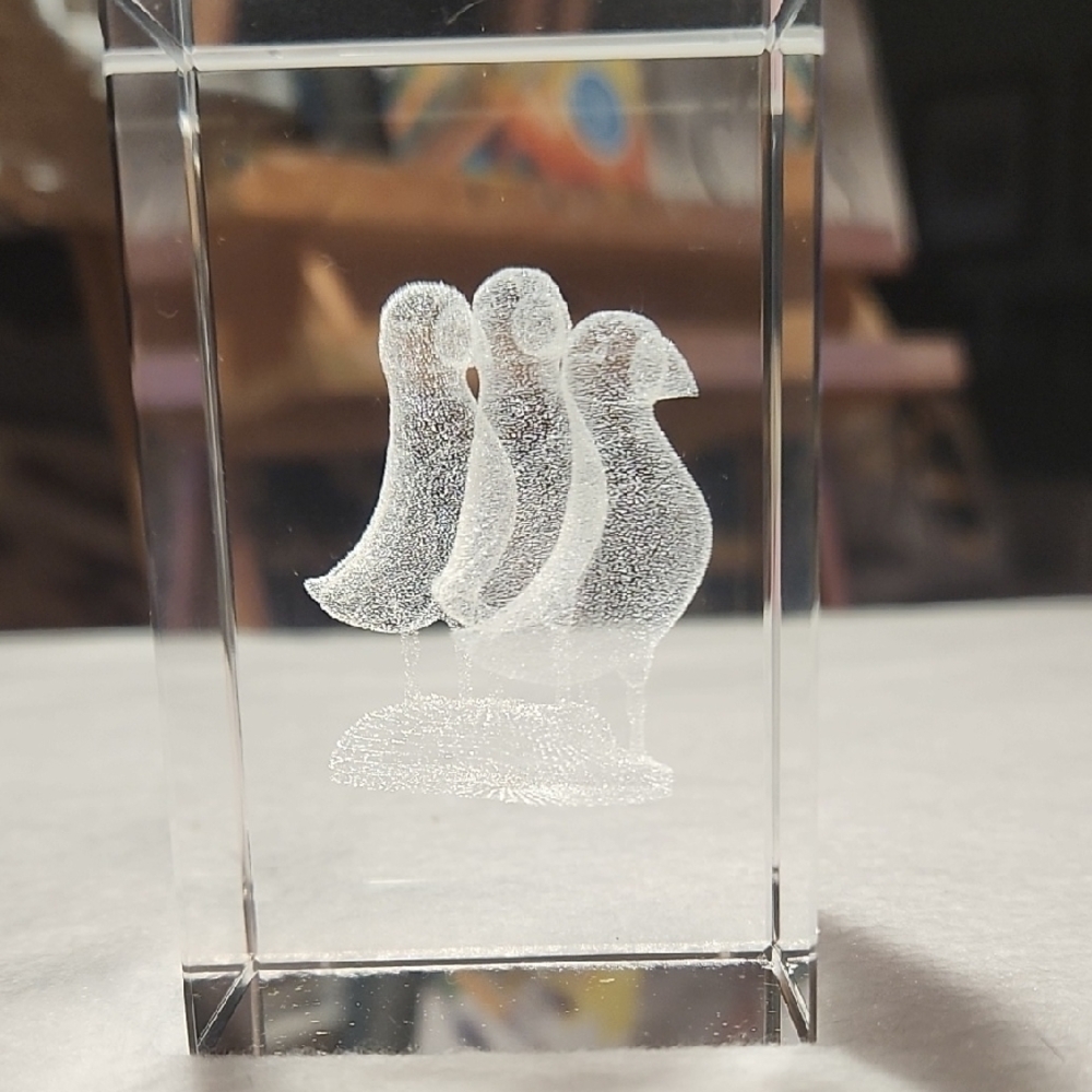 White Glass Art 3D Laser Etched OF 3 PUFFINS IN A GLASS Crystal Block